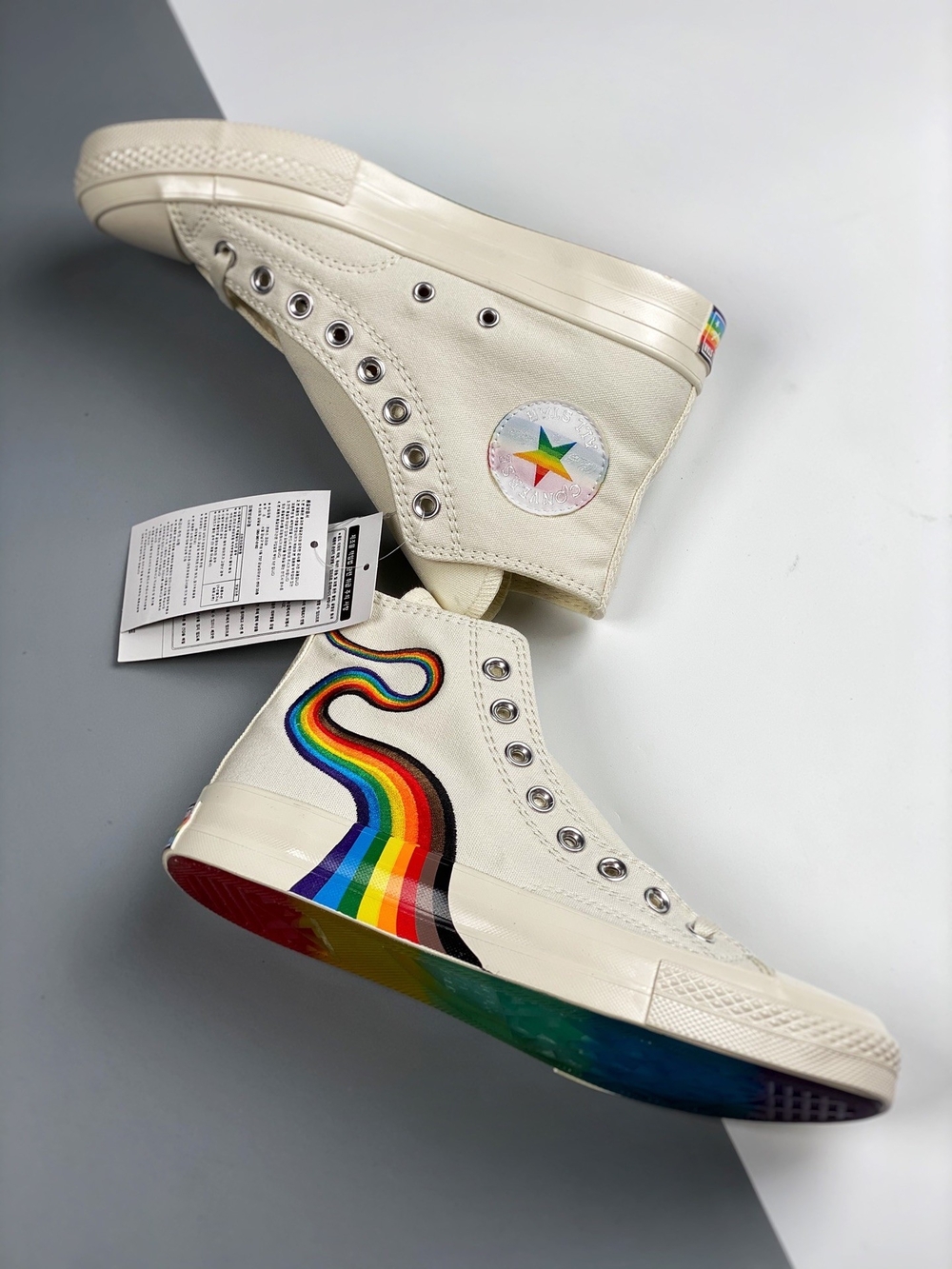 High-Top Canvas Sneakers in Cream with Rainbow Wave Accent